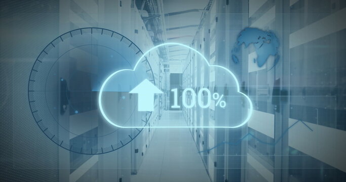 Image of cloud data upload icon, round scanner and data processing against computer server room