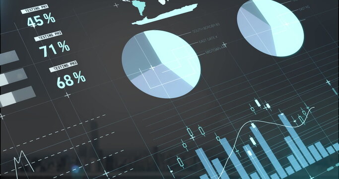 Image of infographic interface over fog covered modern cityscape against cloudy sky