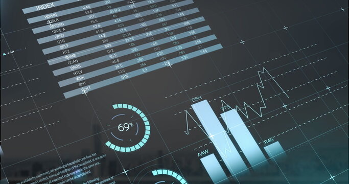 Image of infographic interface over fog covered modern cityscape against cloudy sky