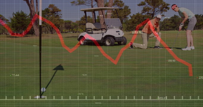 Image of graph with changing numbers, caucasian man teaching female player in golf course - Powered by Adobe