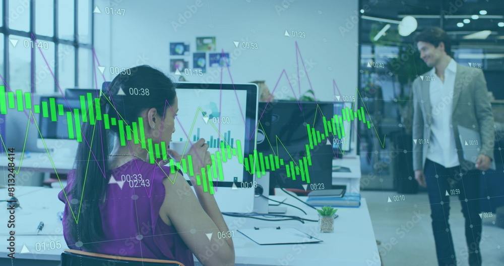 Poster image of statistical data processing against rear view of a woman drinking coffee at office