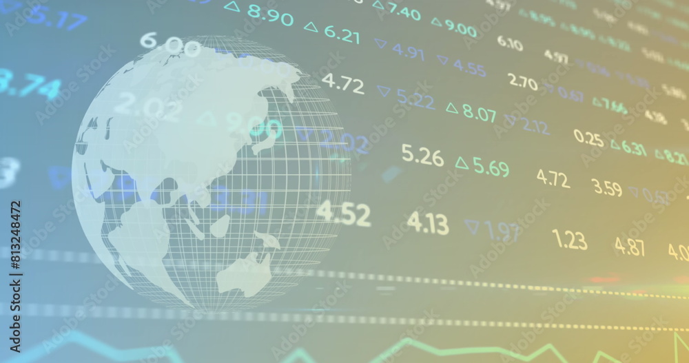 Poster image of changing numbers with graphs and globe moving on abstract background