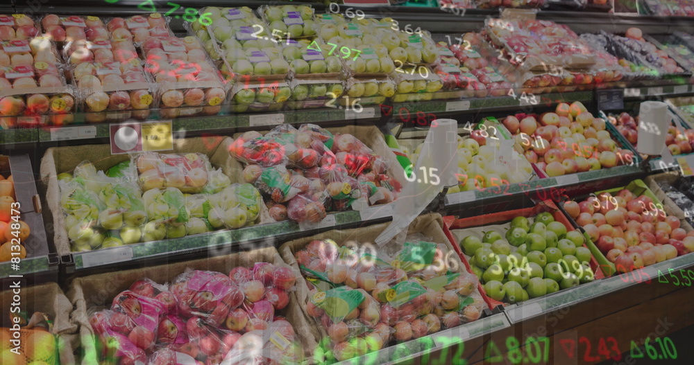 Poster image of numbers changing and moving over fresh fruits in crates arranged in supermarket