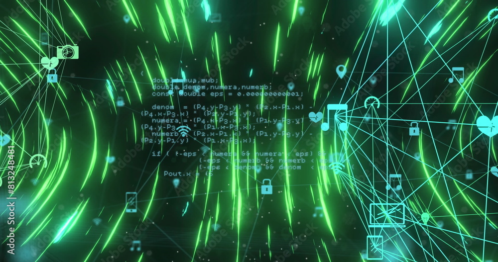 Poster image of circular pattern and connected icons forming globes with computer language