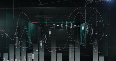 Image of mathematical equations and bar graphs against screens with data processing