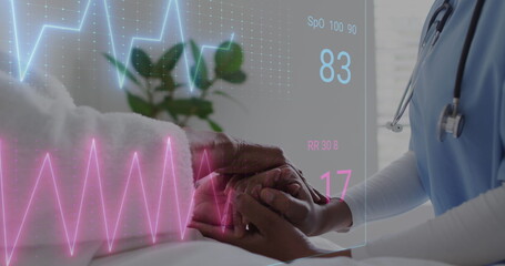 Image of heart rate monitor over mid section of female doctor holding hands of senior patient - Powered by Adobe