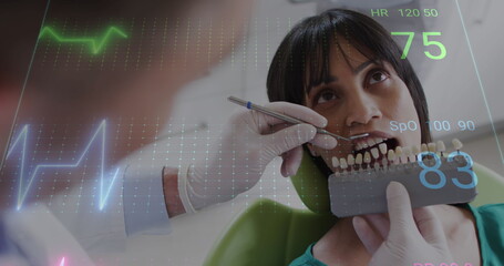 Image of heart rate monitor over male dentist examining teeth of biracial female patient - Powered by Adobe