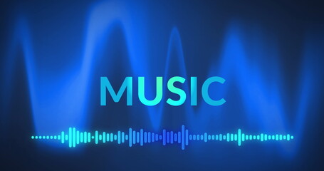 Image of music text and frequency meter over blue soundwaves on black background