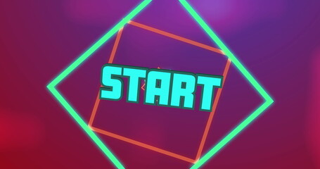 Image of start text in blue with spinning squares on blurred red and purple background