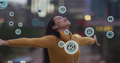 Image of 5g and 6g texts over biracial woman listening to music while enjoying breeze
