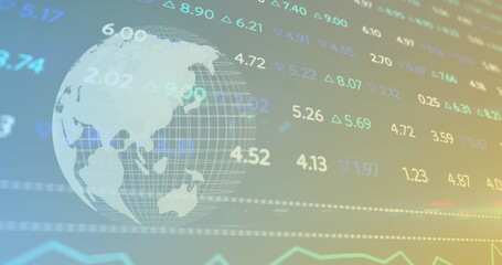 Image of changing numbers with graphs and globe moving on abstract background