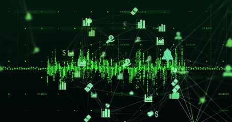 Image of graph over connected icons forming globe against black background