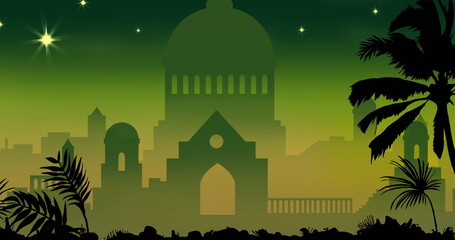 Naklejka premium Image of silhouetted buildings and palm trees standing against green background