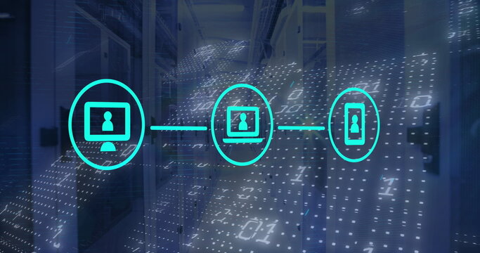 Image of network of digital icons and binary coding against computer server room