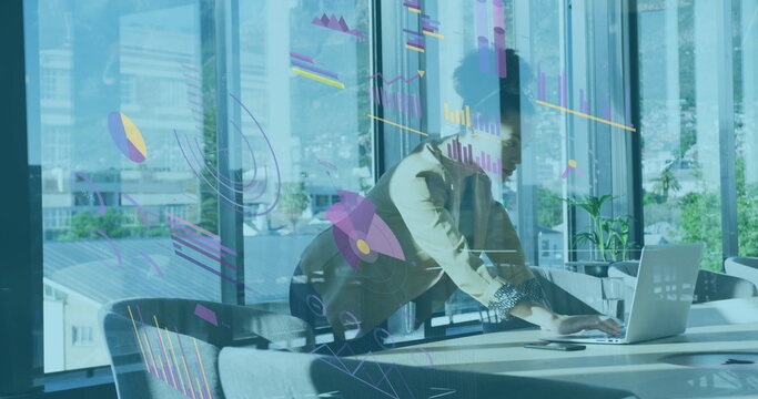 Image of interface with data processing against african american woman using laptop at office