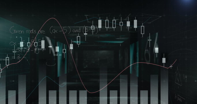 Image of mathematical equations and bar graphs against screens with data processing