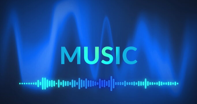 Image of music text and frequency meter over blue soundwaves on black background