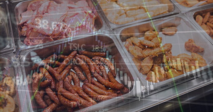 Image of graphs and qr scan code over fresh food in containers for sale at store