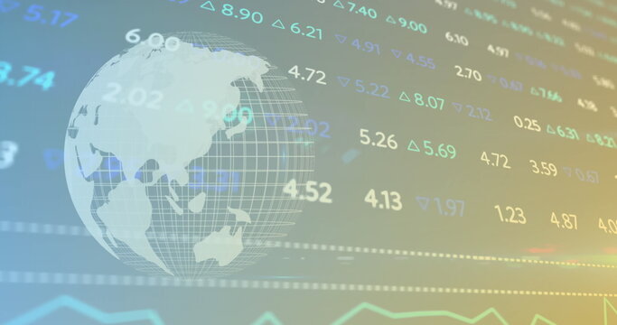 Image of changing numbers with graphs and globe moving on abstract background