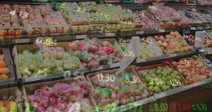 Image of numbers changing and moving over fresh fruits in crates arranged in supermarket - Powered by Adobe