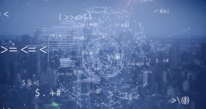Image of symbols, computer language and dots forming globes over modern cityscape - Powered by Adobe