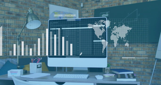 Image of graphs, loading bars and map over programming language in computer on desk in office