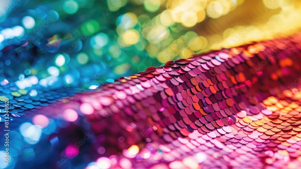 Poster close-up image of colorful sequined fabric with bokeh background