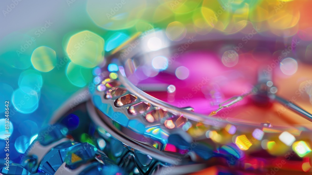 Poster close-up of sparkling, colorful mechanical object with bokeh effect