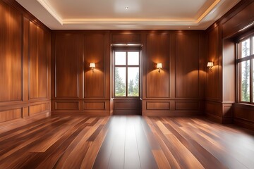  empty room with dark wood paneling and window, Luxury wood paneling background or texture. highly crafted classic or traditional wood paneling, with a frame pattern 