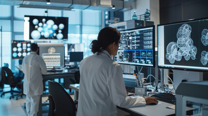  AI research facility, highlighting scientists or engineers working with advanced technology, such as neural networks, machine learning algorithms, or robotic prototypes.