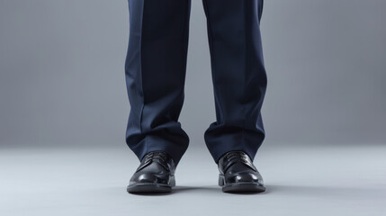 close-up image of a police officer's polished shoes and the bottom of a dark uniform, standing firmly
