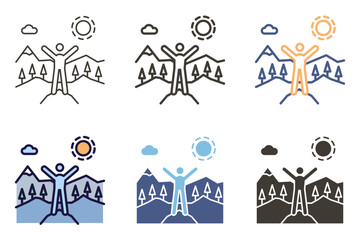Happy person in nature Icon. Hiker wanderlust freedom in the mountains wih arms up and sun vector graphic elements