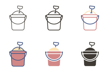 Red sand bucket icon symbol with plastic shovel. Vector graphic elements