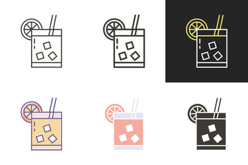 Fresh cocktail drink with orange slice, straw and ice cubes icon. Vector graphic elements