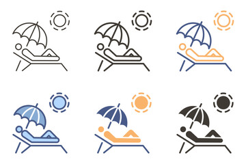 Sun tanning person relaxing in beach chair sunbathing icon. Summer holidays in beach or pool. Vector graphic elements