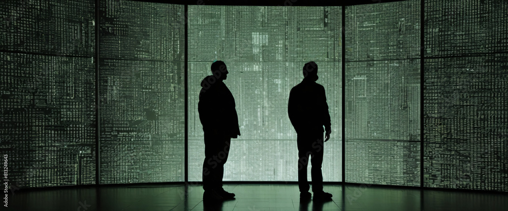Poster a silhouette of a person standing in front of a giant digital screen with a flow of data showing var