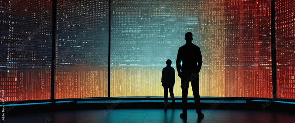 Poster a silhouette of a person standing in front of a giant digital screen with a flow of data showing var