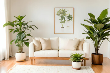 A bright room with a white couch adorned with beige pillows, a large potted plant, and a small plant on a wooden stand.