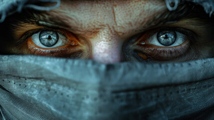 Intense close-up of a criminal's eyes looking through a mask