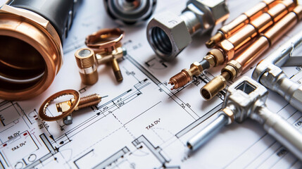 Diverse Plumbing Tools on Blueprint