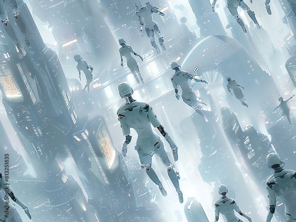 Poster create a captivating high-angle view of robotic ballet dancers gracefully performing in a dystopian 