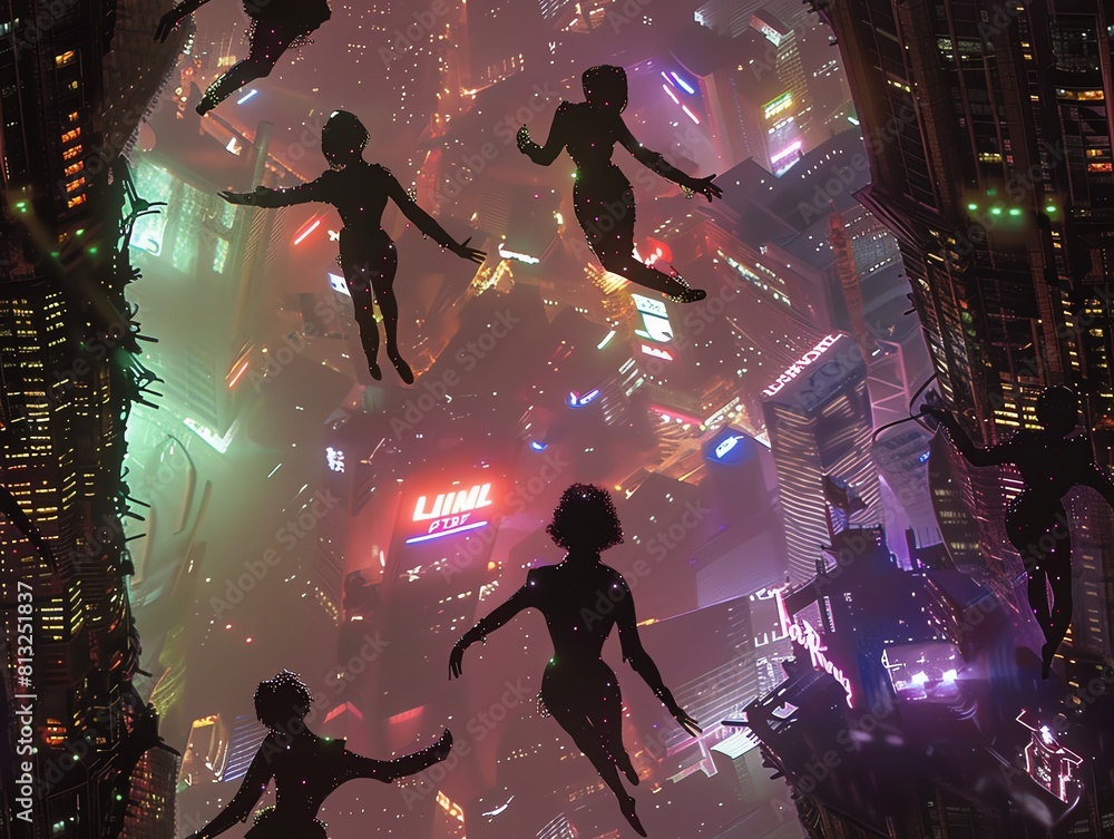 Poster create a captivating high-angle view of robotic ballet dancers gracefully performing in a dystopian 