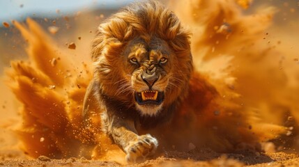 An angry male lion is running in the savanna desert