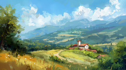 Fototapeta premium Mountain Village Painting