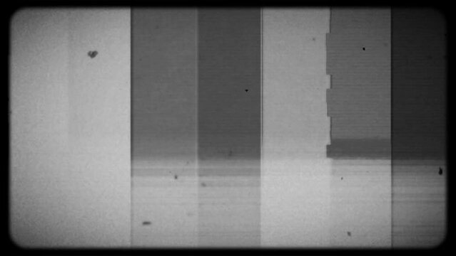 Black and white television screen with bars, static and glitch effects, dusty and noise textures and old style frame
