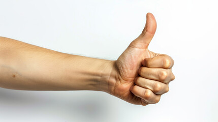 Hand with a thumbs up gesture on a stark white background