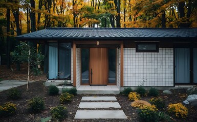 Japanese, minimalist style exterior of cottage in fall forest. Tiled walls and wooden front door. Front yard with beautiful landscape design, 