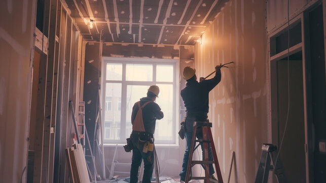 Two Construction Workers Installing Plasterboard Drywall