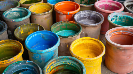 Group of Colorful Paint Buckets on Table