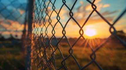 Chain link fence with sunset background. Selective focus and shallow depth of field.